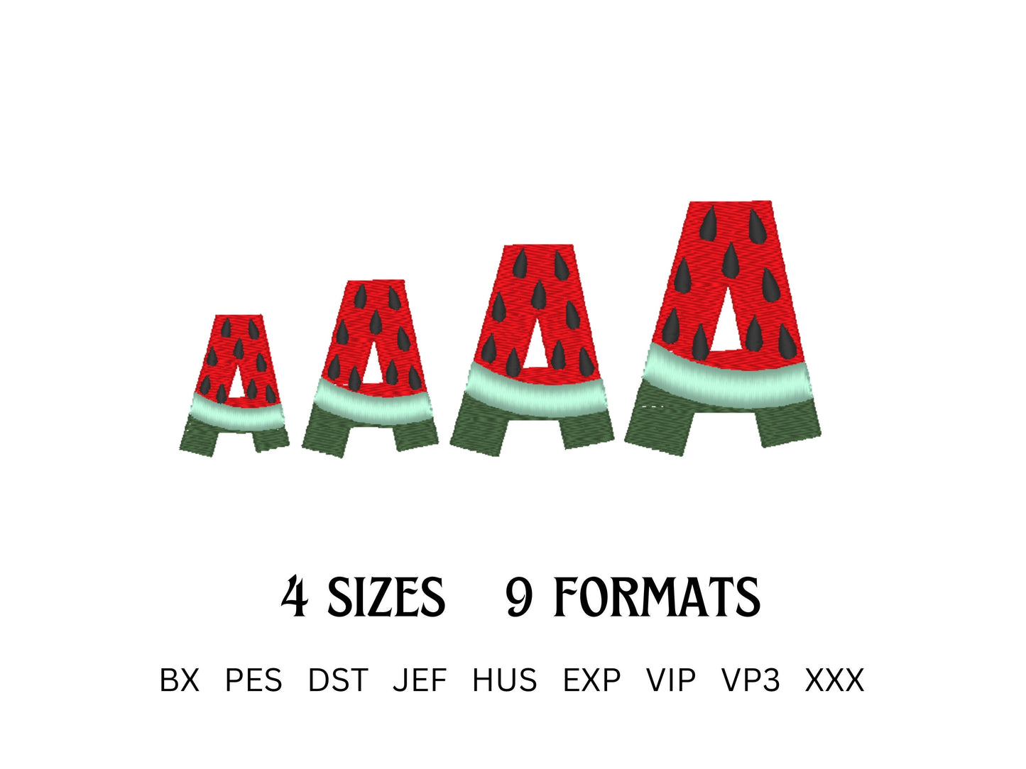 SET of 4 Patterned Fonts Tutti Frutti Summer Watermelon Strawberry Pineapple Alphabet Letters Machine Embroidery Design