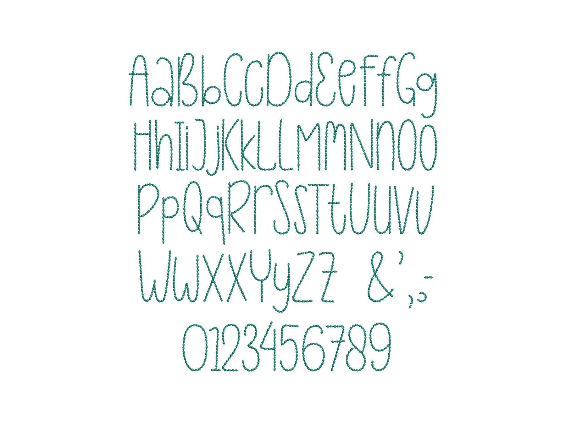 Hand stitch effect FONT machine embroidery designs in multiple sizes from 1 to 3.4 inches alphabet letters numbers seed bean stitch, BX incl