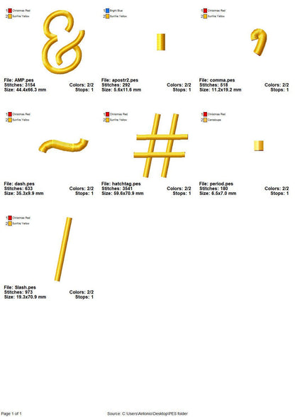 Punctuation characters Period Comma Slash Hashtag Ampersand Apostrophe Dash Accent Puff Embroidery font add on machine embroidery designs