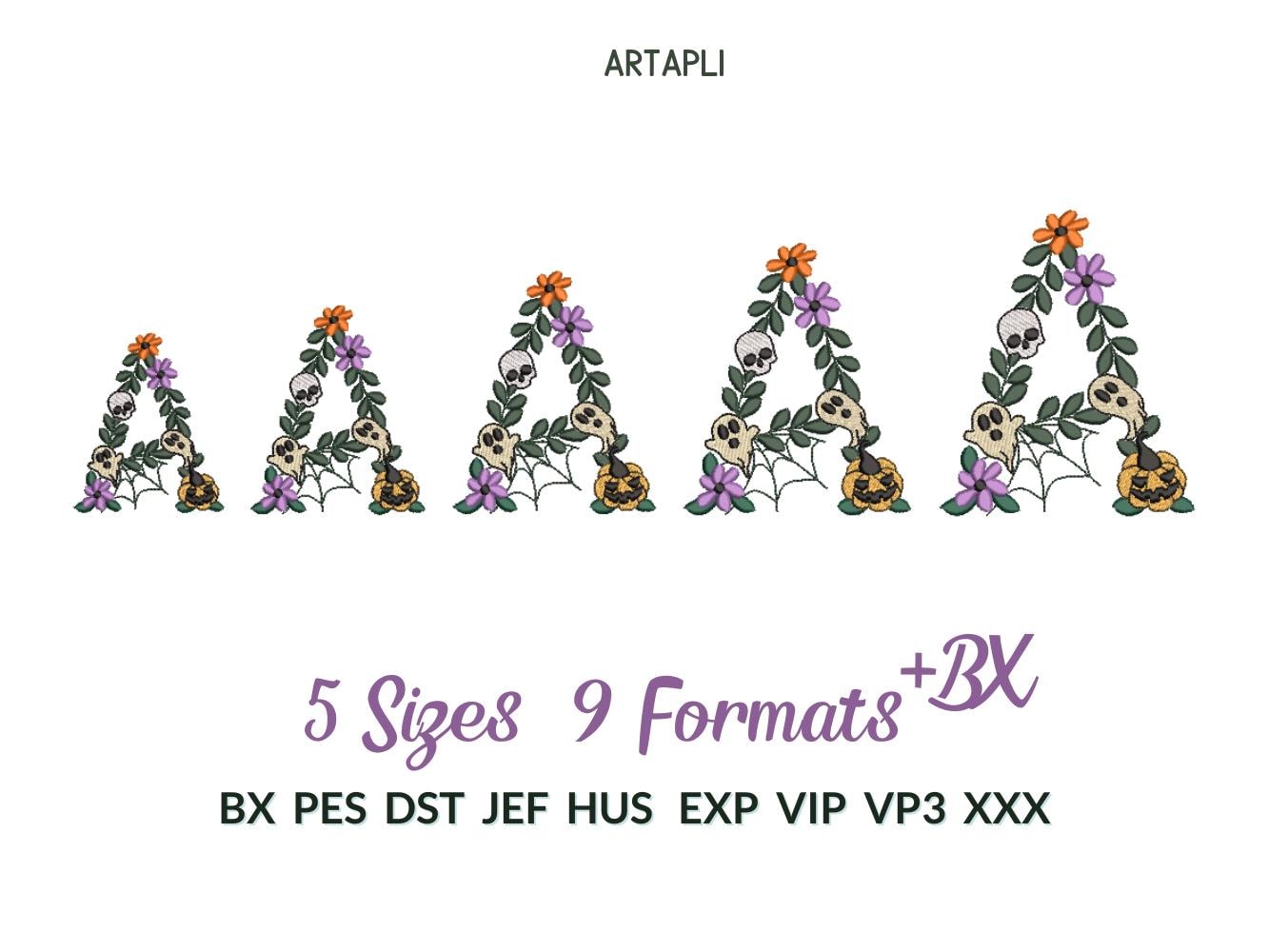 Spooky Skull Font Halloween Floral alphabet spider web ghost jack-o-lantern scary monogram machine embroidery design