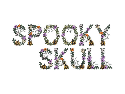 Spooky Skull Font Halloween Floral alphabet spider web ghost jack-o-lantern scary monogram machine embroidery design