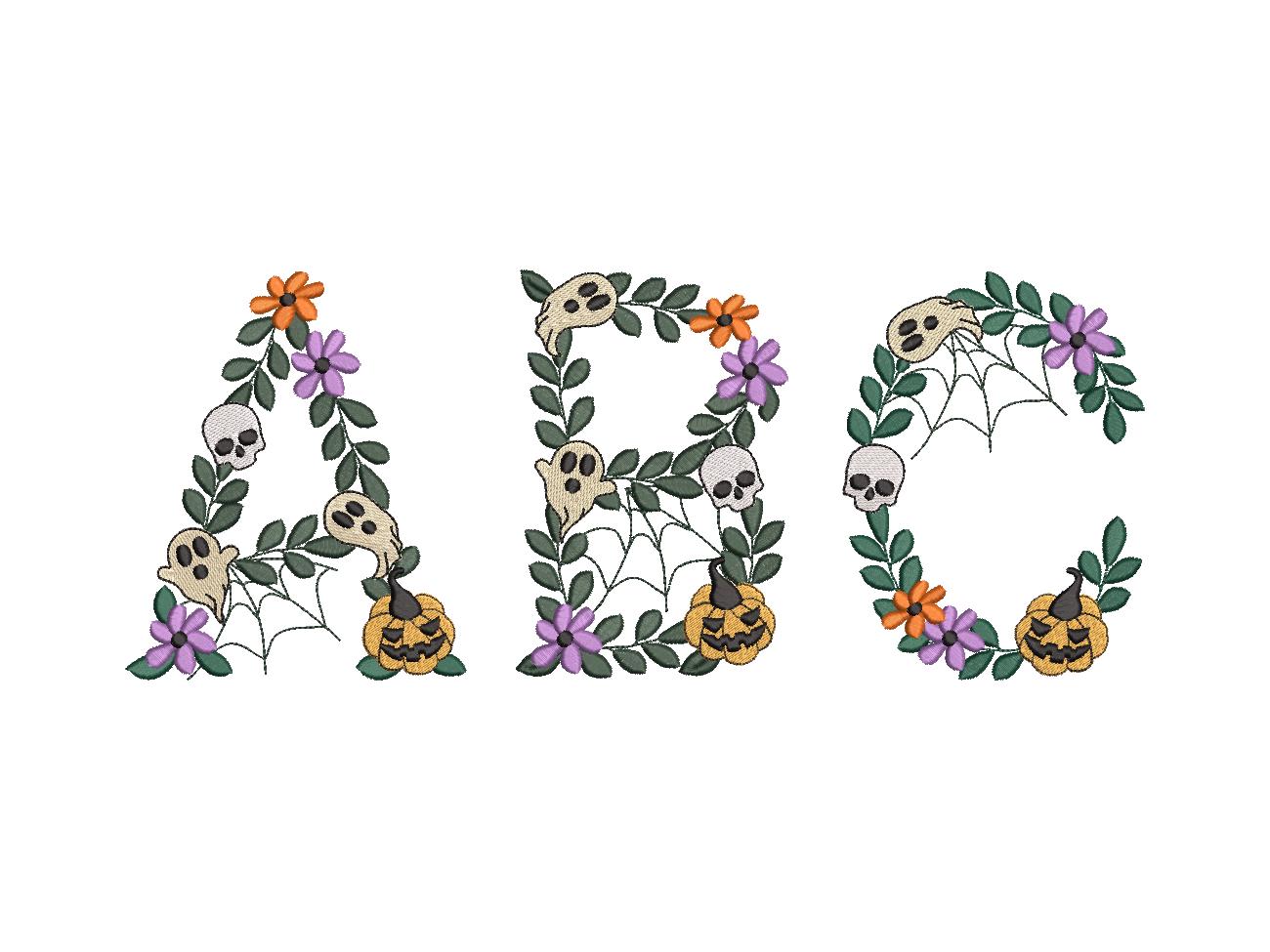 Spooky Skull Font Halloween Floral alphabet spider web ghost jack-o-lantern scary monogram machine embroidery design