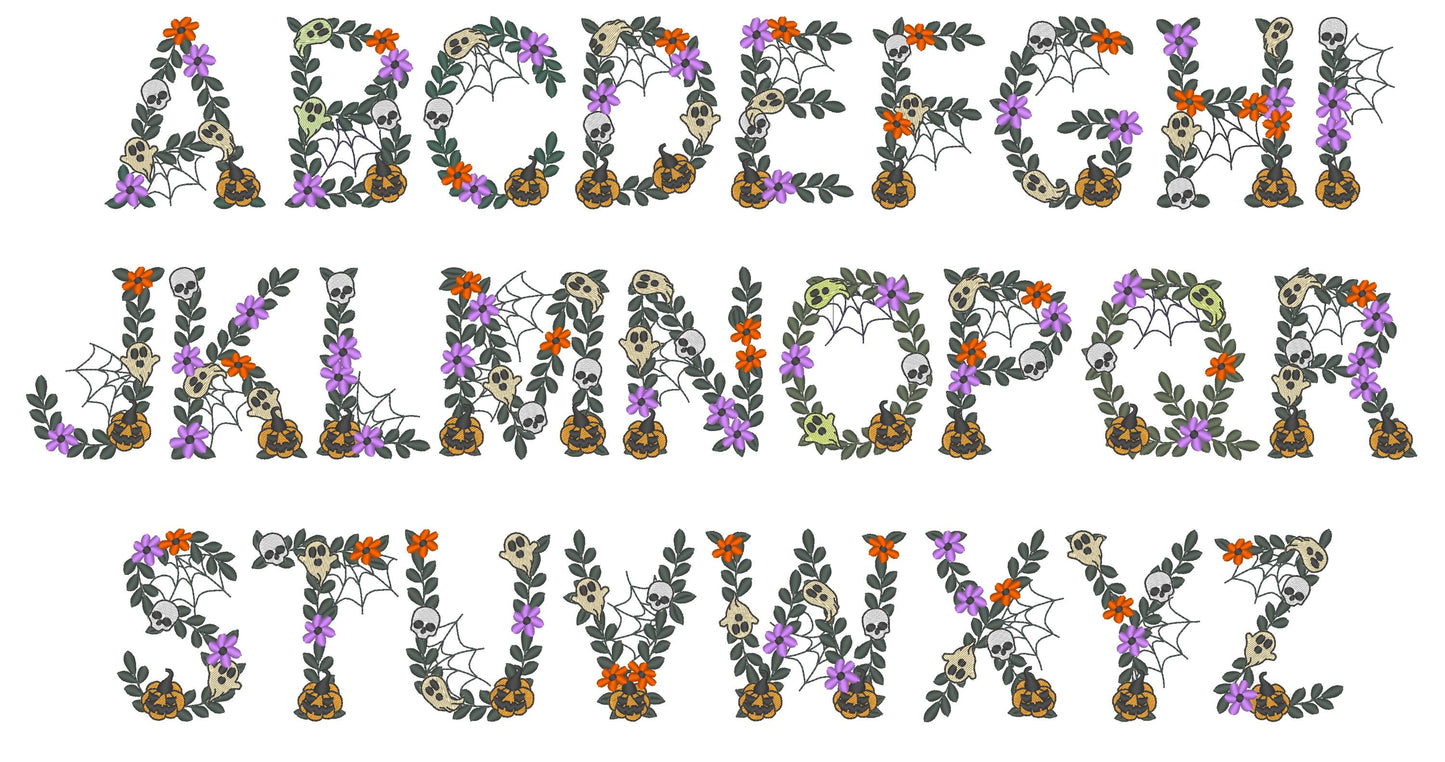 Spooky Skull Font Halloween Floral alphabet spider web ghost jack-o-lantern scary monogram machine embroidery design