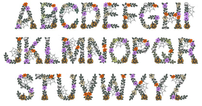 Spooky Skull Font Halloween Floral alphabet spider web ghost jack-o-lantern scary monogram machine embroidery design