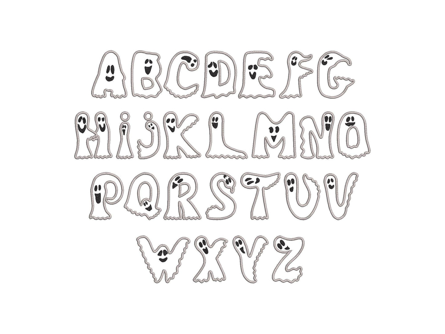 Ghost Font Applique machine embroidery designs Halloween alphabet monogram letters sizes 3 to 5.9in scary spooky Ghosts kids baby Boo and BX