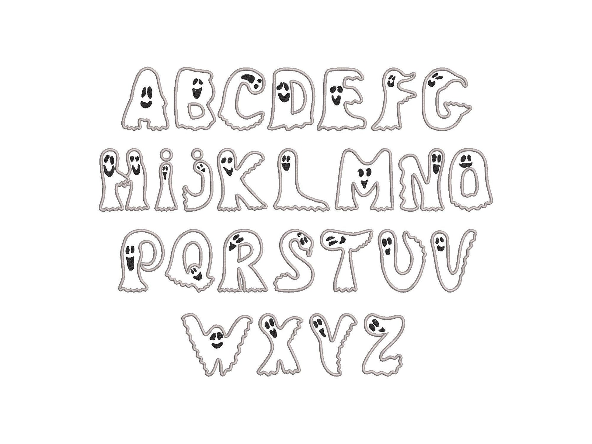 Ghost Font Applique machine embroidery designs Halloween alphabet monogram letters sizes 3 to 5.9in scary spooky Ghosts kids baby Boo and BX