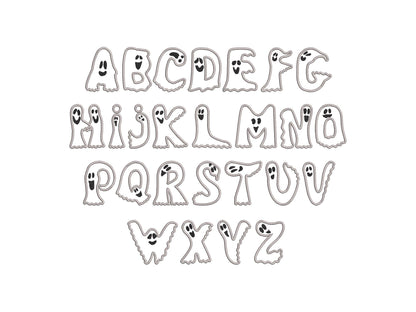 Ghost Font Applique machine embroidery designs Halloween alphabet monogram letters sizes 3 to 5.9in scary spooky Ghosts kids baby Boo and BX