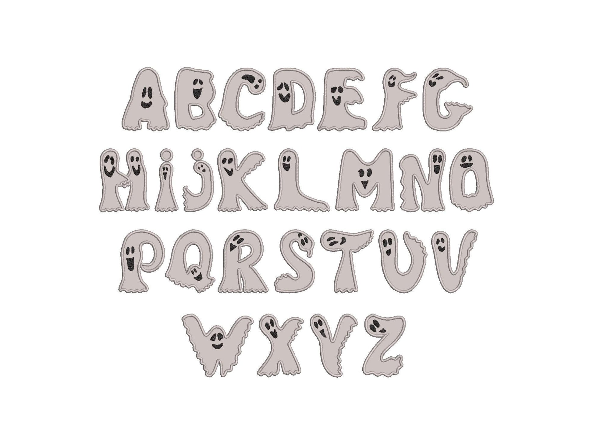 Ghost Font Applique machine embroidery designs Halloween alphabet monogram letters sizes 3 to 5.9in scary spooky Ghosts kids baby Boo and BX