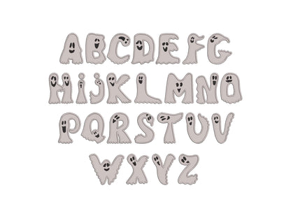 Ghost Font Applique machine embroidery designs Halloween alphabet monogram letters sizes 3 to 5.9in scary spooky Ghosts kids baby Boo and BX