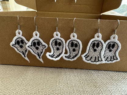 SET of 3 different Spooky Ghosts Halloween Earrings ITH in the hoop FSL freestanding lace machine embroidery designs Ghost girls outfit