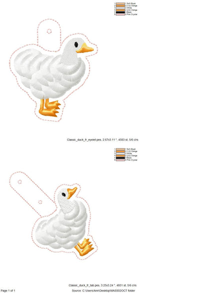 Classic Duck fringed bird Eyelet and Key Fob Snap Tab in the hoop machine embroidery designs ITH fluffy farm bird keychain bag tag gift idea