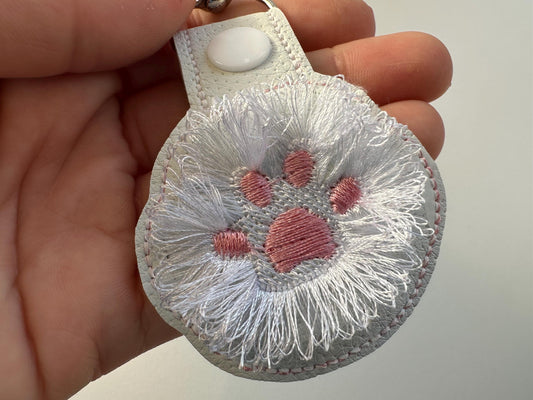 Fringed Cat Kitty Paw Eyelet and Key Fob Snap Tab in the hoop machine embroidery designs ITH project key ring keychain fluffy fur cute Paw