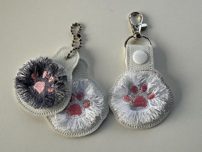 Fringed Cat Kitty Paw Eyelet and Key Fob Snap Tab in the hoop machine embroidery designs ITH project key ring keychain fluffy fur cute Paw