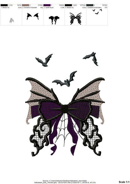 Halloween Bow with flying Bats spider web cobweb spooky Butterfly wings lace effect machine embroidery designs   4, 5, 6, 7 in sweatshirt