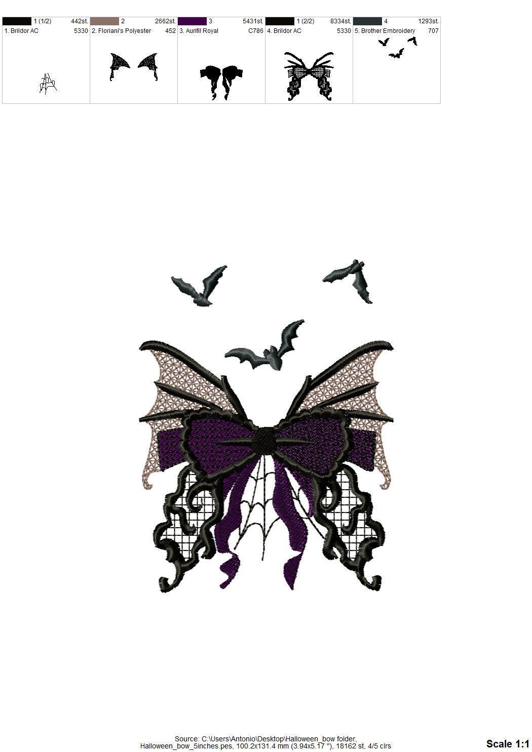 Halloween Bow with flying Bats spider web cobweb spooky Butterfly wings lace effect machine embroidery designs   4, 5, 6, 7 in sweatshirt