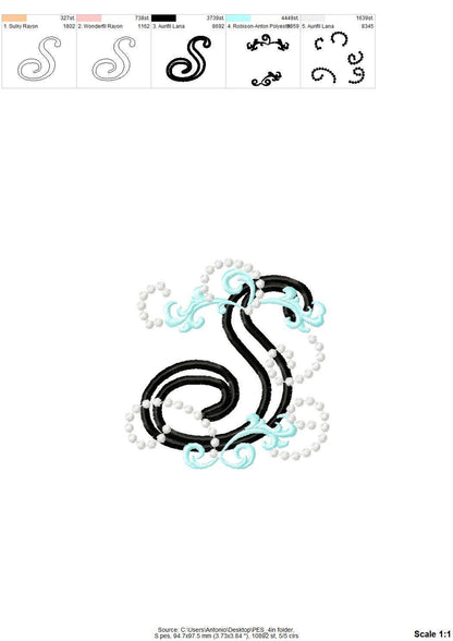Curl Swirl Monogram Font girly alphabet Applique machine embroidery designs