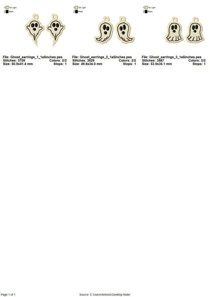 SET of 3 different Spooky Ghosts Halloween Earrings ITH in the hoop FSL freestanding lace machine embroidery designs Ghost girls outfit