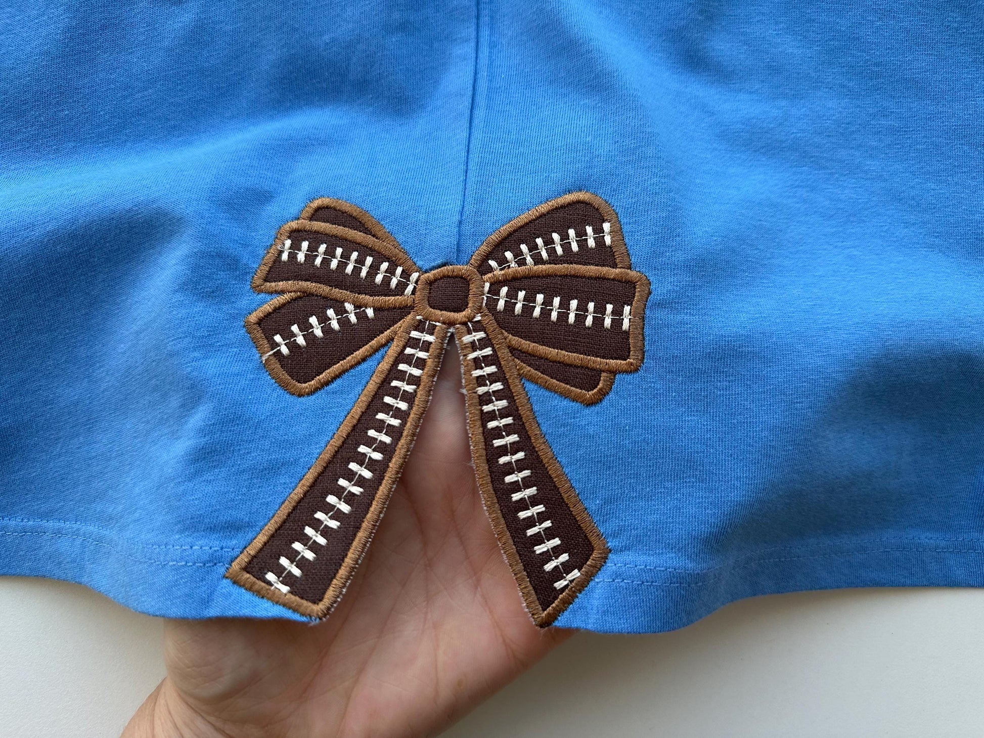 Football stitch Bow Applique side bow machine embroidery designs wide ribbon Sports Girly Bow   sweatshirt seam decoration split shirt