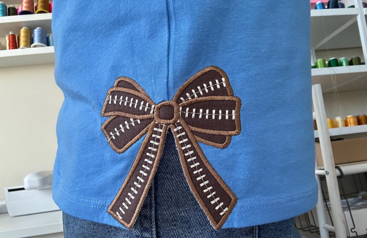 Football stitch Bow Applique side bow machine embroidery designs wide ribbon Sports Girly Bow   sweatshirt seam decoration split shirt