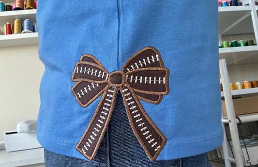 Football stitch Bow Applique side bow machine embroidery designs wide ribbon Sports Girly Bow   sweatshirt seam decoration split shirt