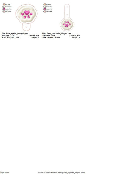 Fringed Cat Kitty Paw Eyelet and Key Fob Snap Tab in the hoop machine embroidery designs ITH project key ring keychain fluffy fur cute Paw