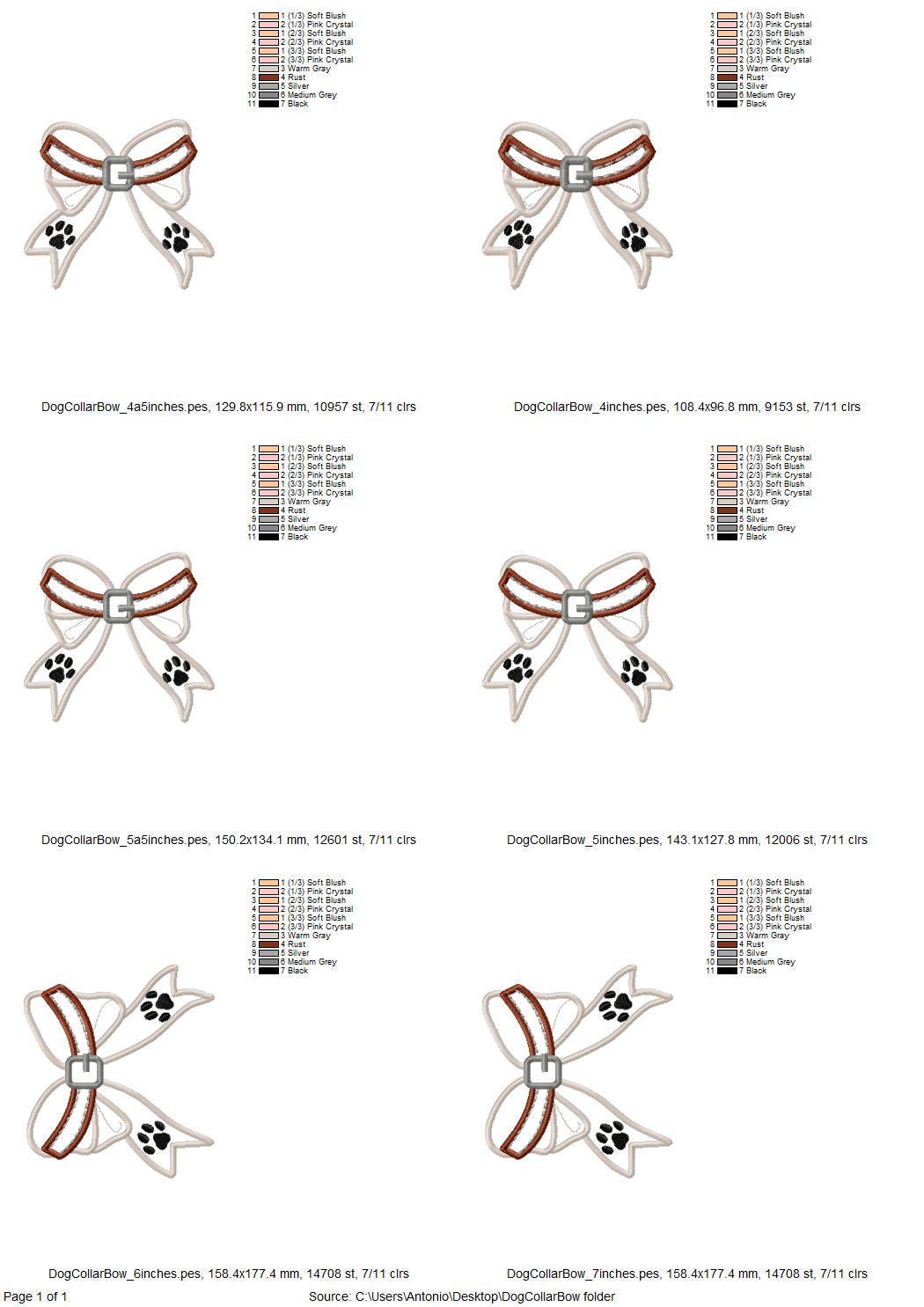 Puppy Dog Collar side Bow Applique machine embroidery designs pet paw pawprint ribbon t-shirt sweatshirt split seam side bow multiple sizes