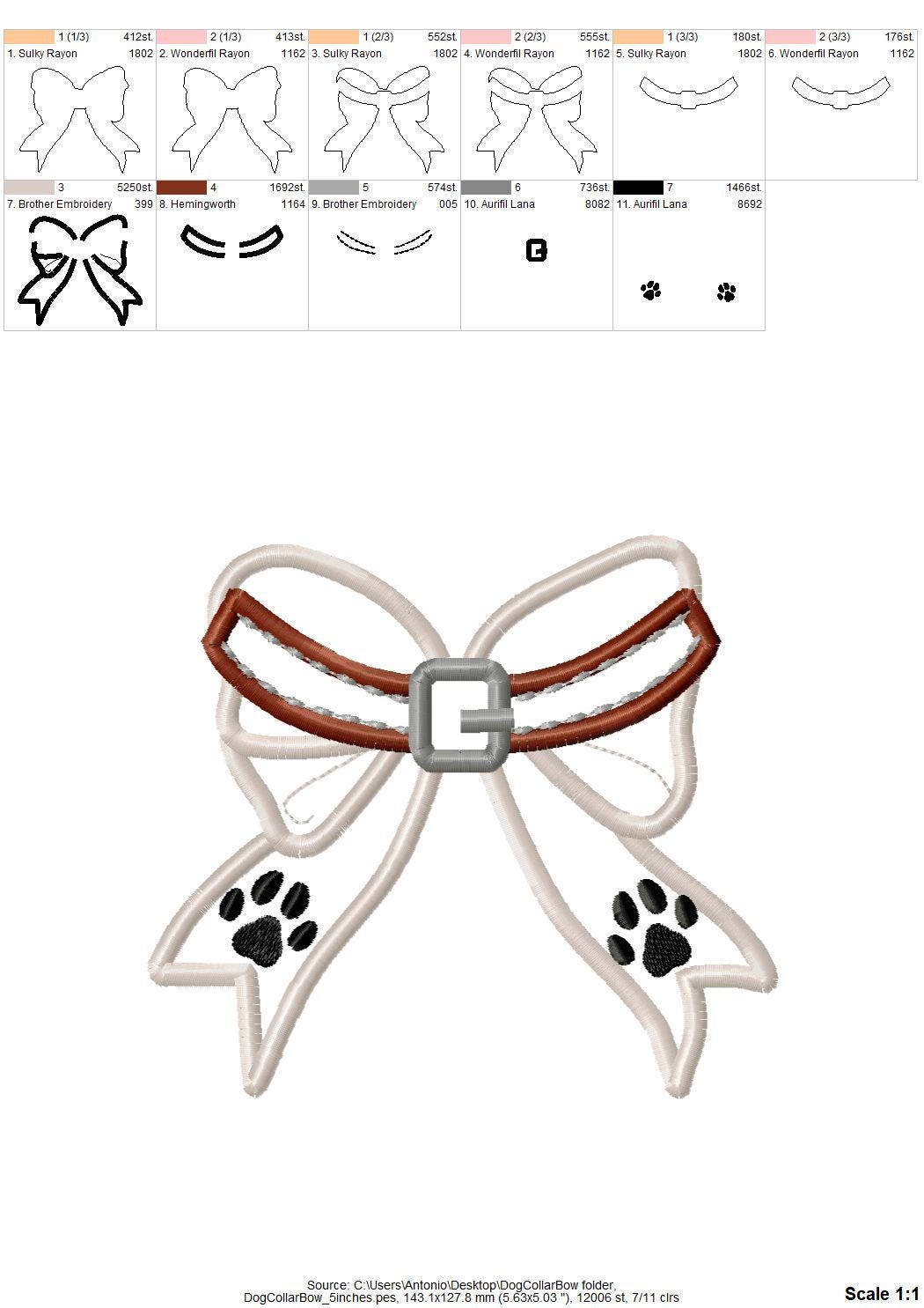 Puppy Dog Collar side Bow Applique machine embroidery designs pet paw pawprint ribbon t-shirt sweatshirt split seam side bow multiple sizes