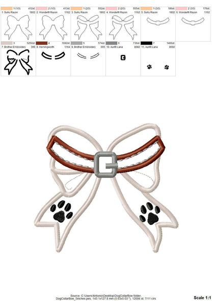 Puppy Dog Collar side Bow Applique machine embroidery designs pet paw pawprint ribbon t-shirt sweatshirt split seam side bow multiple sizes