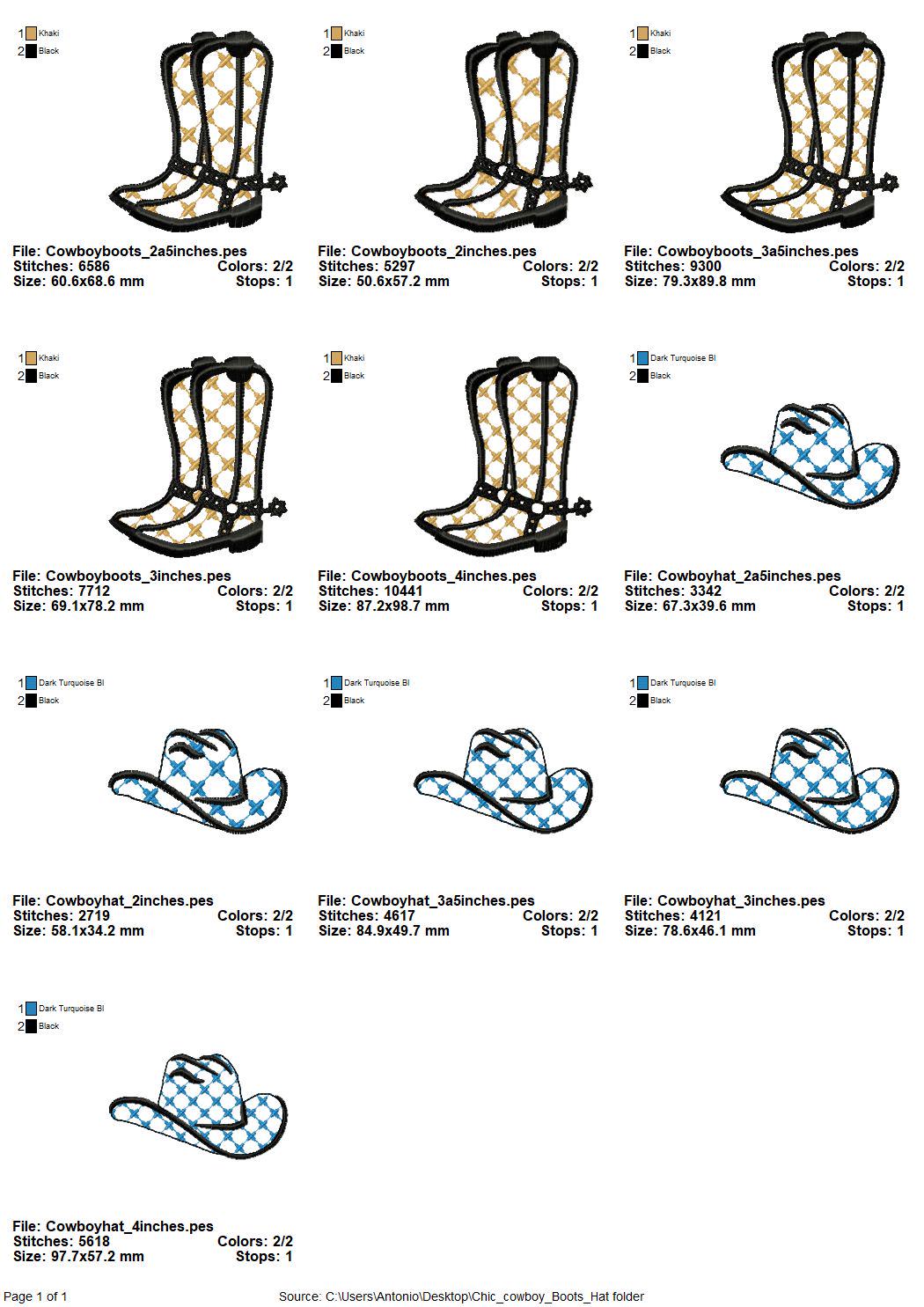 Classy Cowgirl Cowboy Hat and Boots SET of 2 single designs machine embroidery designs small sizes 2 to 4 inch for 4x4 patterned designs