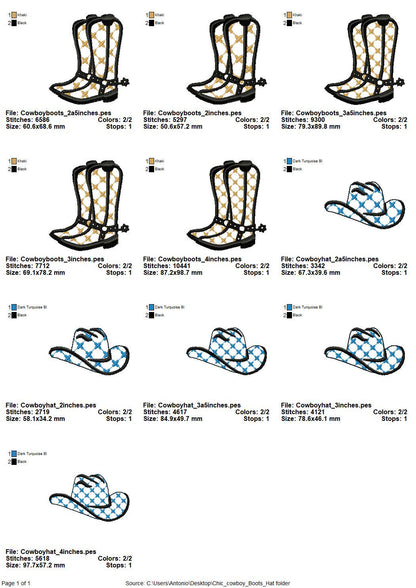Classy Cowgirl Cowboy Hat and Boots SET of 2 single designs machine embroidery designs small sizes 2 to 4 inch for 4x4 patterned designs