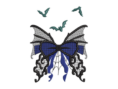 Halloween Bow with flying Bats spider web cobweb spooky Butterfly wings lace effect machine embroidery designs   4, 5, 6, 7 in sweatshirt