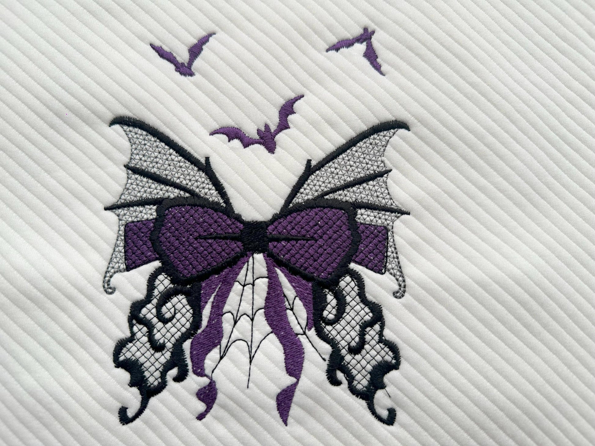 Halloween Bow with flying Bats spider web cobweb spooky Butterfly wings lace effect machine embroidery designs   4, 5, 6, 7 in sweatshirt