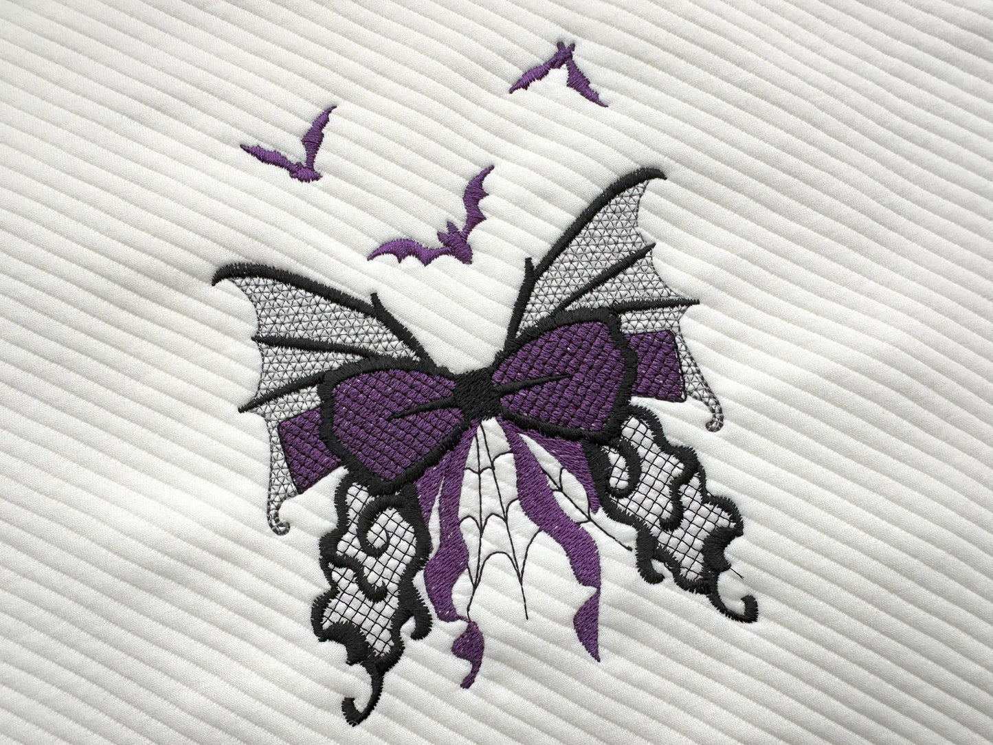 Halloween Bow with flying Bats spider web cobweb spooky Butterfly wings lace effect machine embroidery designs   4, 5, 6, 7 in sweatshirt
