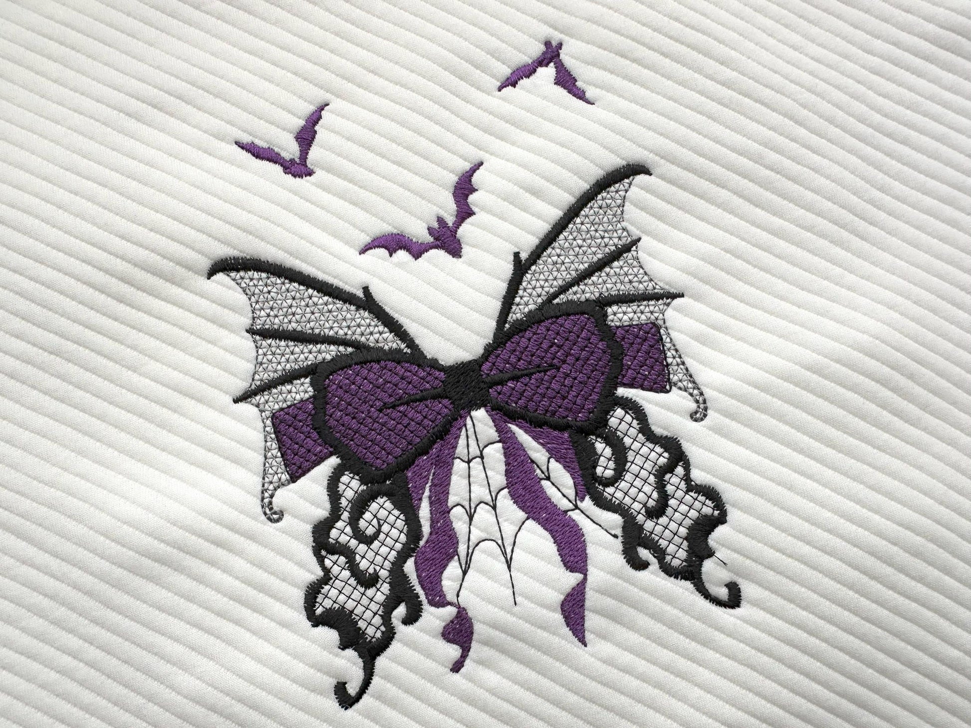 Halloween Bow with flying Bats spider web cobweb spooky Butterfly wings lace effect machine embroidery designs   4, 5, 6, 7 in sweatshirt