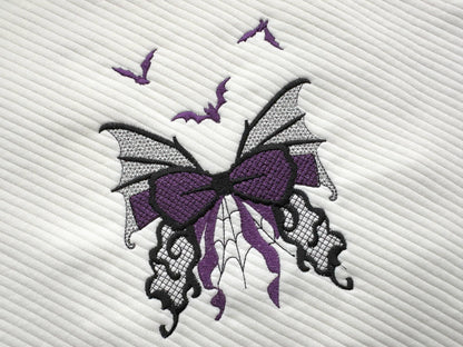Halloween Bow with flying Bats spider web cobweb spooky Butterfly wings lace effect machine embroidery designs   4, 5, 6, 7 in sweatshirt