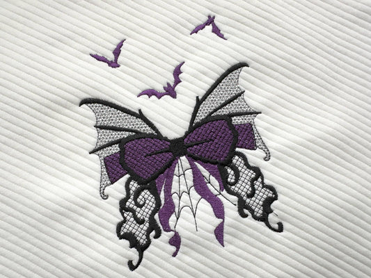 Halloween Bow with flying Bats spider web cobweb spooky Butterfly wings lace effect machine embroidery designs   4, 5, 6, 7 in sweatshirt