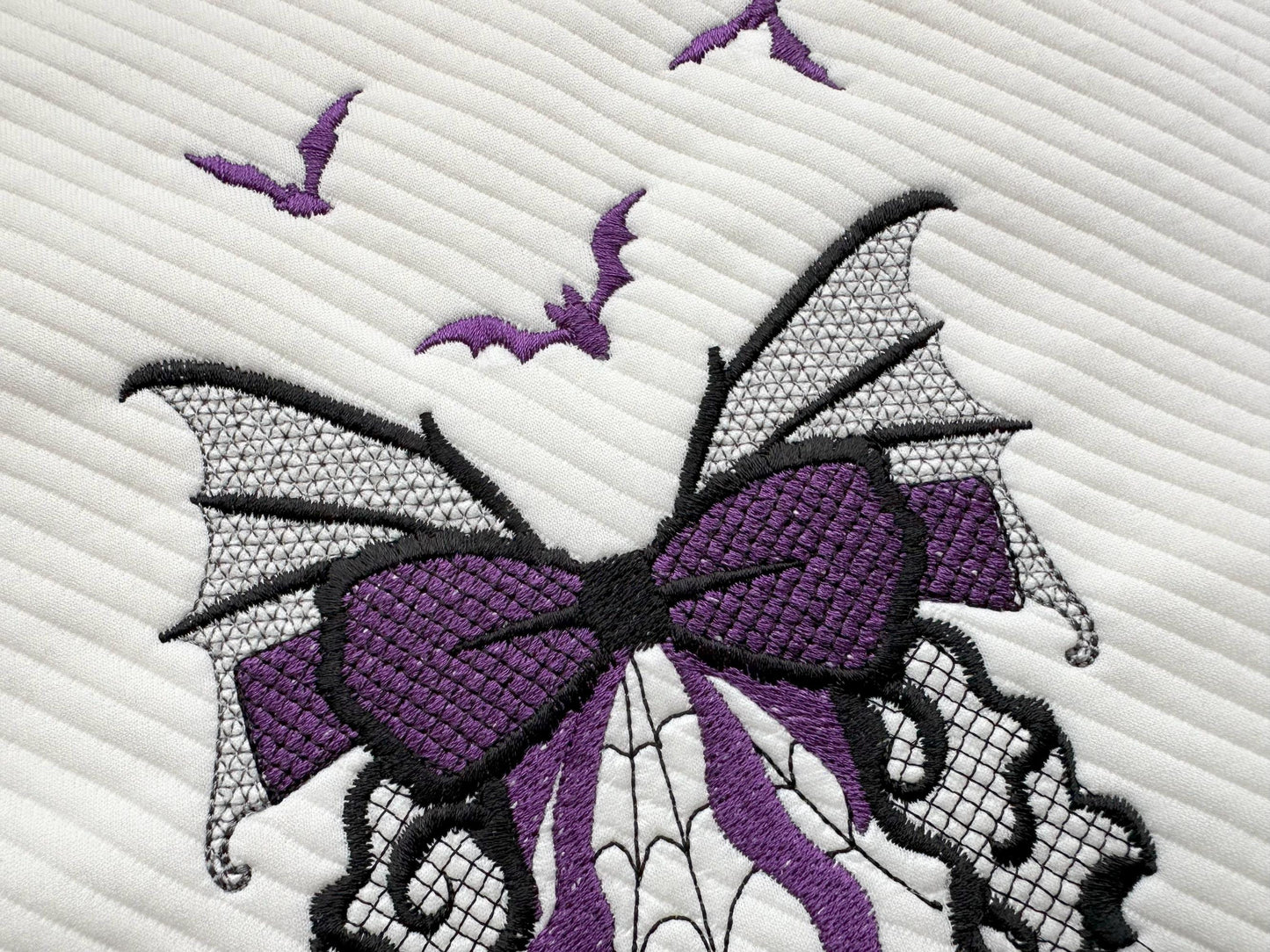 Halloween Bow with flying Bats spider web cobweb spooky Butterfly wings lace effect machine embroidery designs   4, 5, 6, 7 in sweatshirt