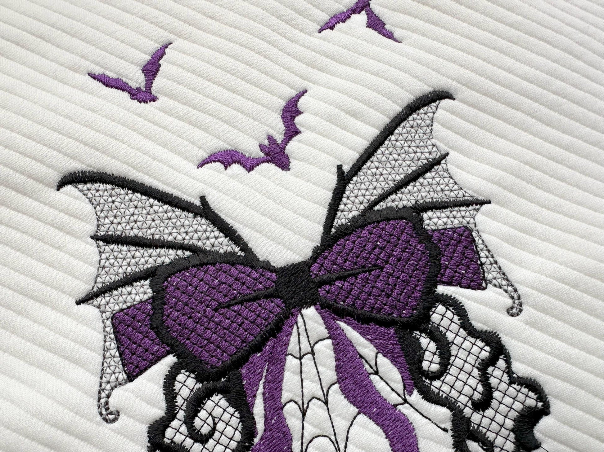 Halloween Bow with flying Bats spider web cobweb spooky Butterfly wings lace effect machine embroidery designs   4, 5, 6, 7 in sweatshirt