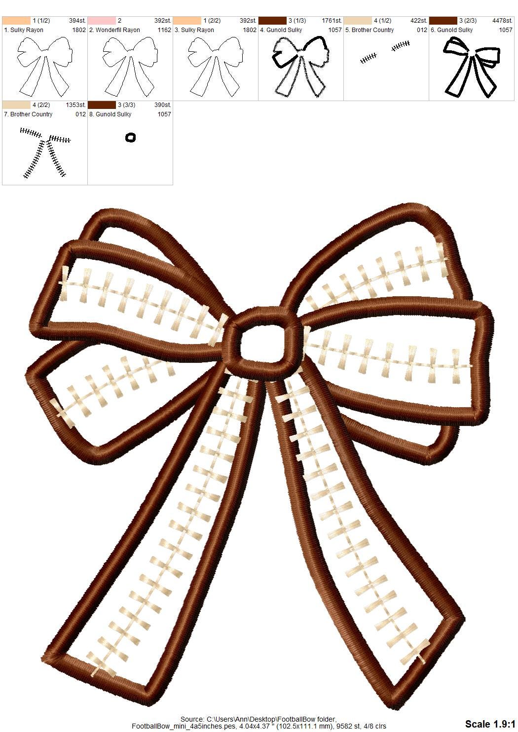 Football stitch Bow Applique side bow machine embroidery designs wide ribbon Sports Girly Bow   sweatshirt seam decoration split shirt