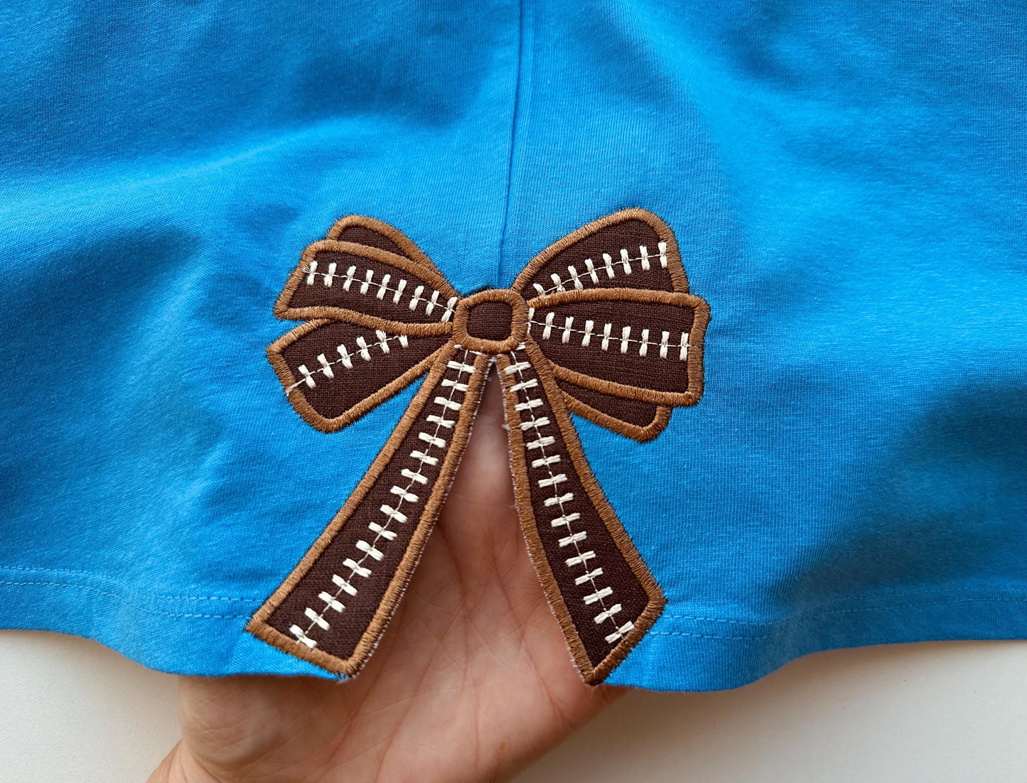 Football stitch Bow Applique side bow machine embroidery designs wide ribbon Sports Girly Bow   sweatshirt seam decoration split shirt