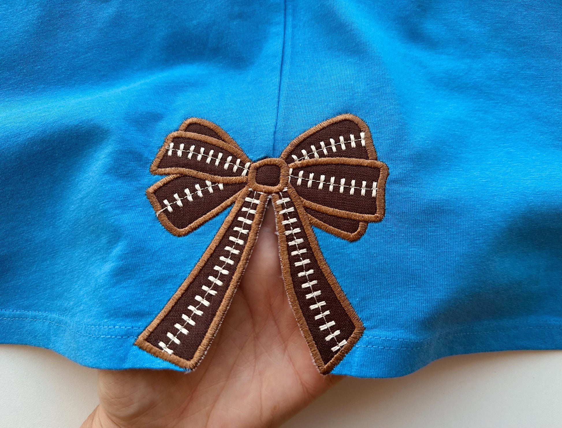 Football stitch Bow Applique side bow machine embroidery designs wide ribbon Sports Girly Bow   sweatshirt seam decoration split shirt