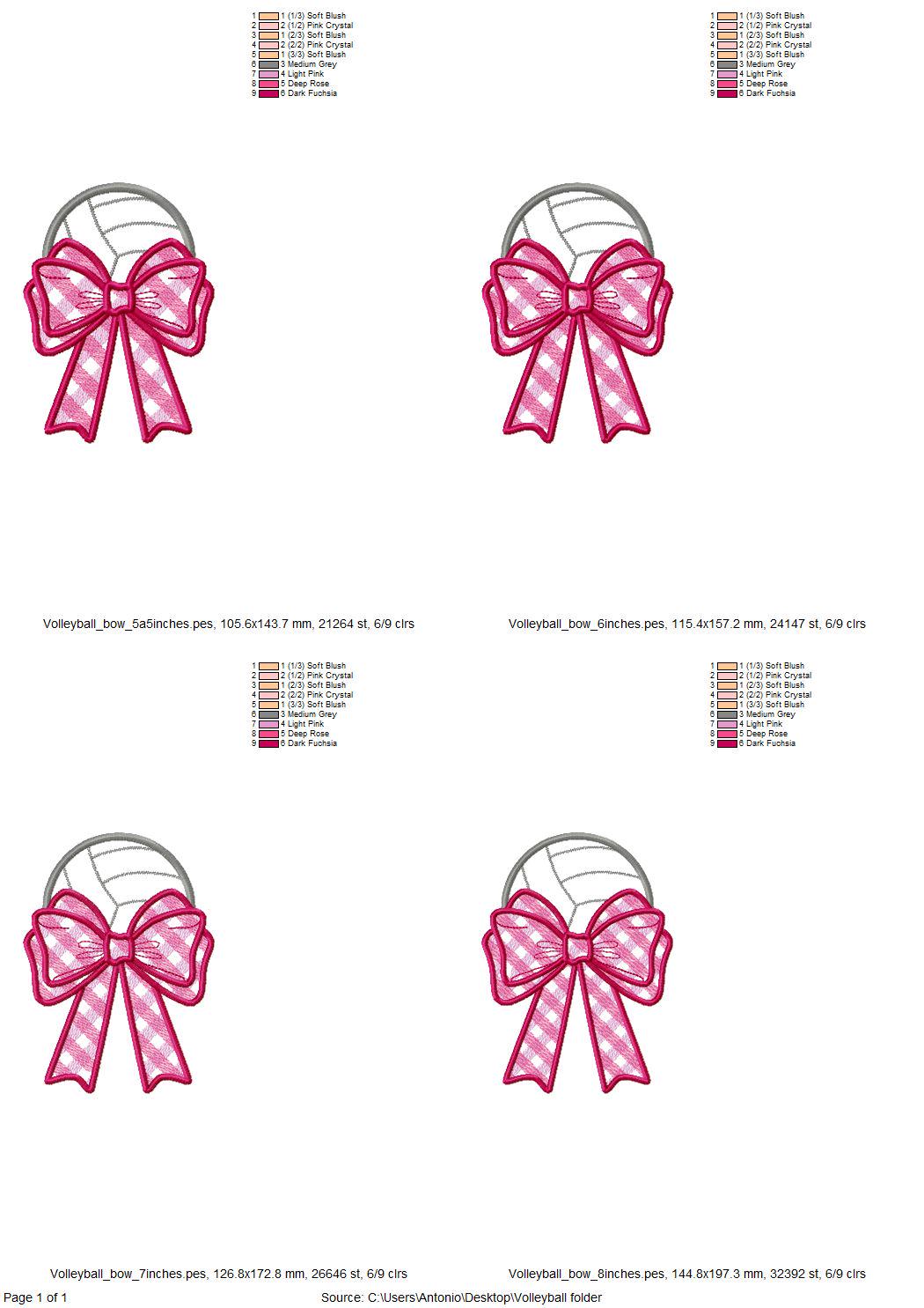 Volleyball Ball and Gingham Plaid Bow Applique side bow split seam machine embroidery designs ribbon Sports Girly Bow summer beach t-shirt