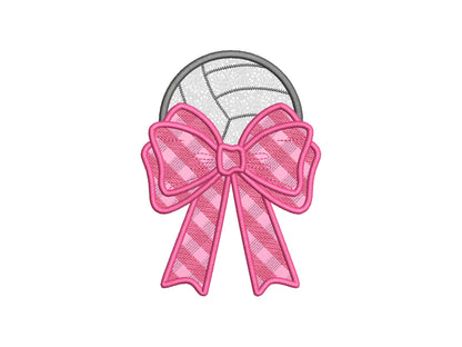 Volleyball Ball and Gingham Plaid Bow Applique side bow split seam machine embroidery designs ribbon Sports Girly Bow summer beach t-shirt