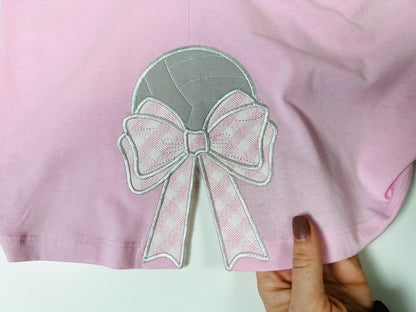 Volleyball Ball and Gingham Plaid Bow Applique side bow split seam machine embroidery designs ribbon Sports Girly Bow summer beach t-shirt