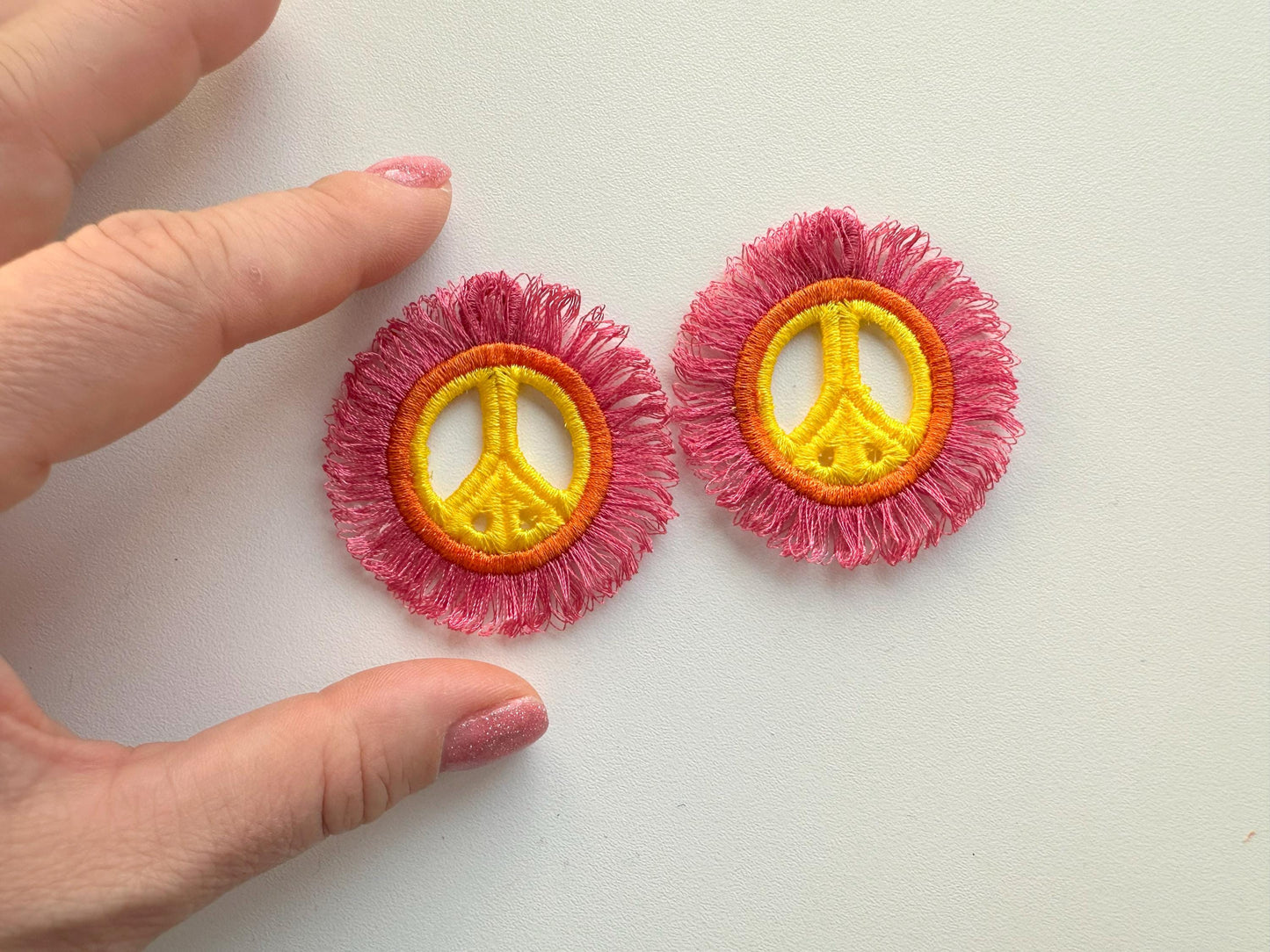 Fringed Fluffy Peace sign earrings charm FSL freestanding lace machine embroidery designs