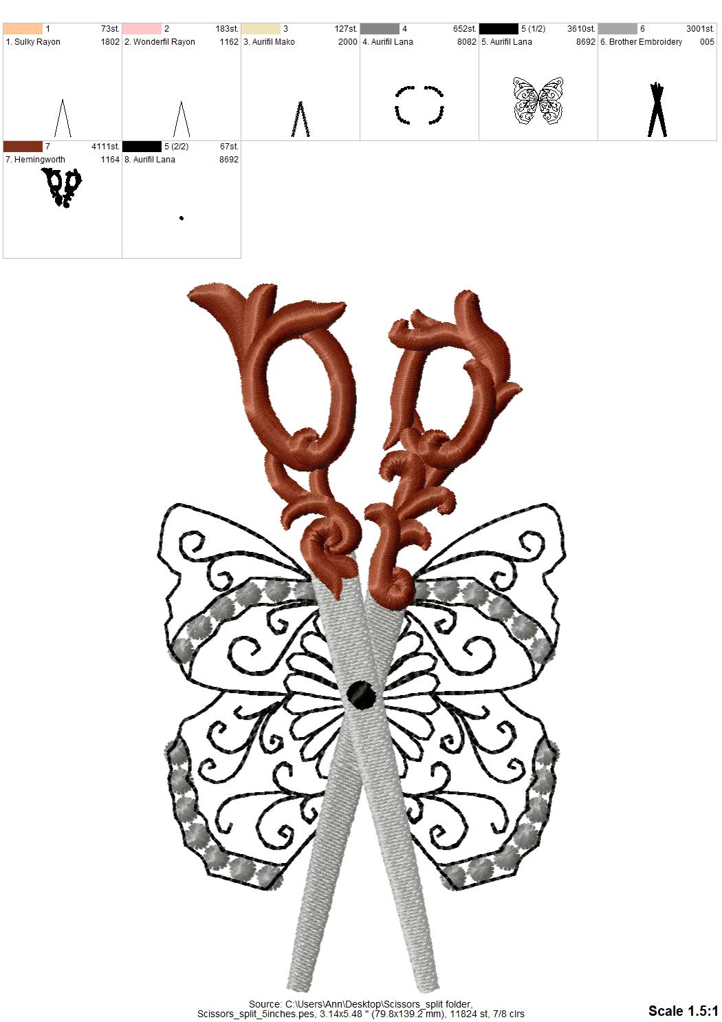 Scissors Stylist Hairdresser Sewist Split Seam Side Bow Butterfly Wings Machine Embroidery Designs for T-Shirts and Sweatshirts Perfect Gift