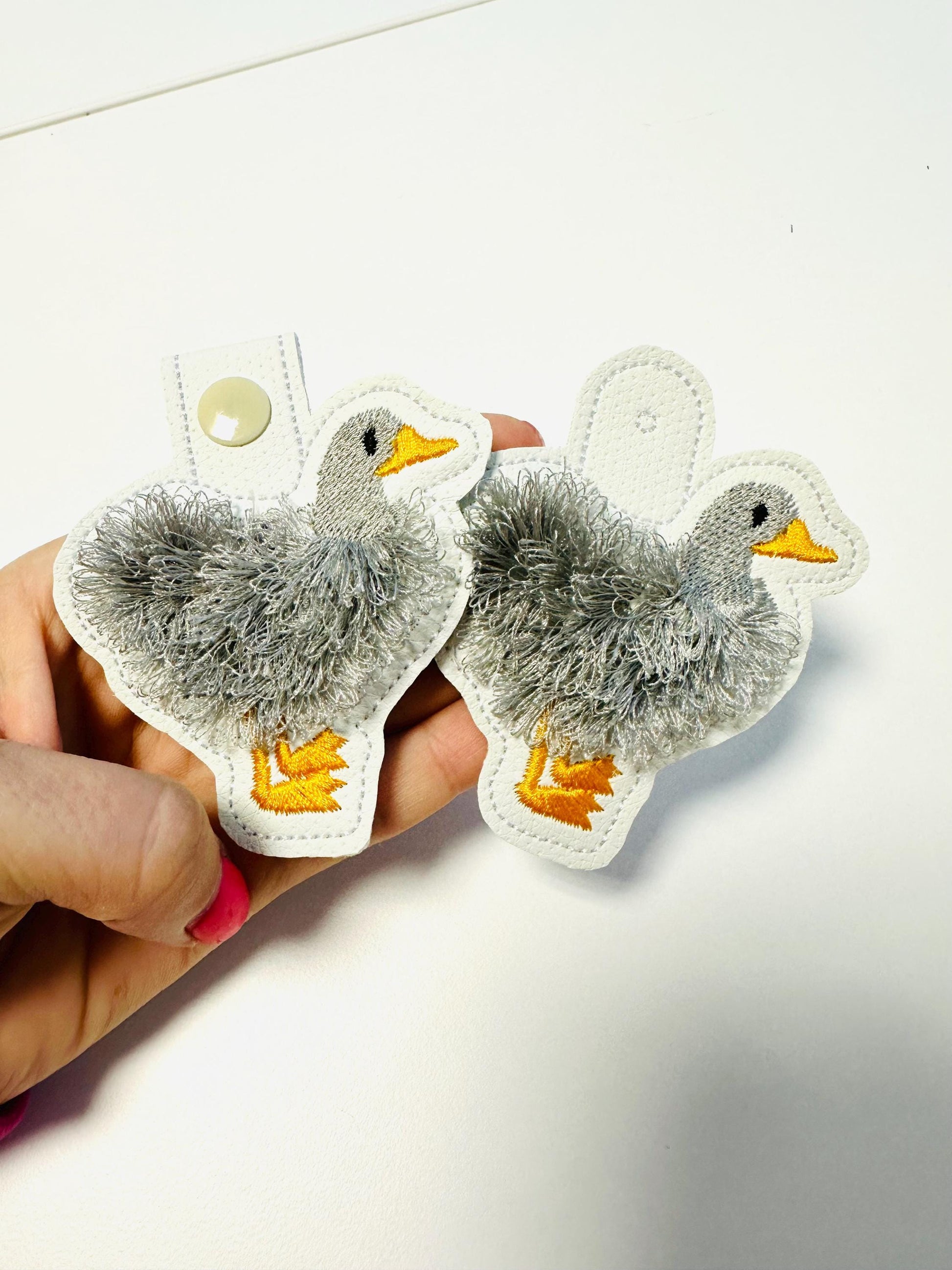 Classic Duck fringed bird Eyelet and Key Fob Snap Tab in the hoop machine embroidery designs ITH fluffy farm bird keychain bag tag gift idea
