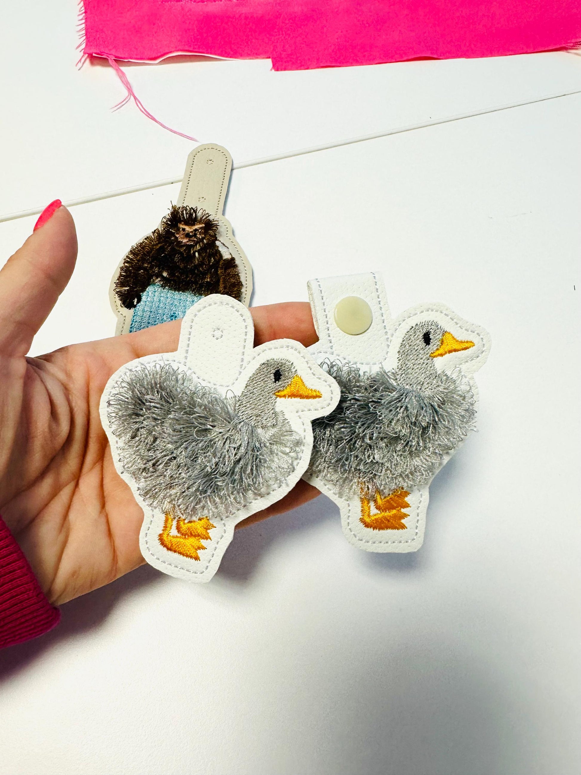 Classic Duck fringed bird Eyelet and Key Fob Snap Tab in the hoop machine embroidery designs ITH fluffy farm bird keychain bag tag gift idea