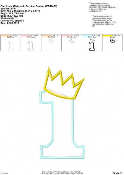 King Crown Birthday Numbers 1-9 Applique machine embroidery designs for Boys