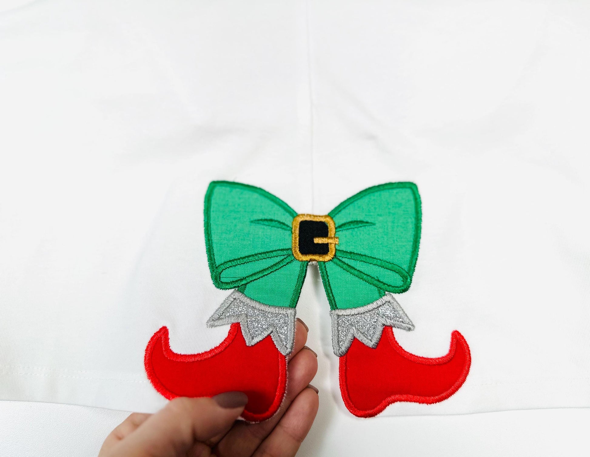 Christmas Elf Bow side bow split seam Santa Helper Elf boots machine embroidery designs sweatshirt t-shirt festive outfit kids design